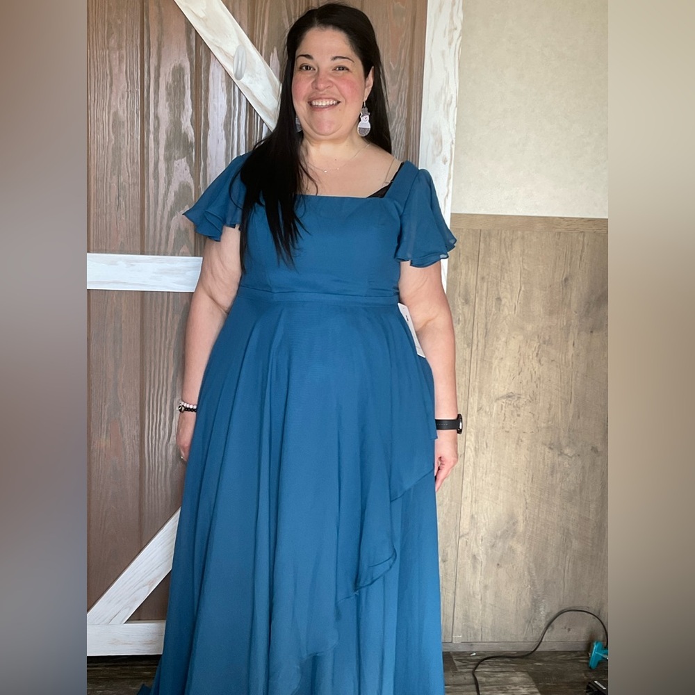 Chic Asymmetrical Teal evening Dress. Pretty side ruffle size 28 - Picture 2 of 9